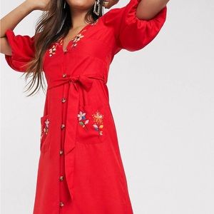 Red embroidered with tie belt midi dress